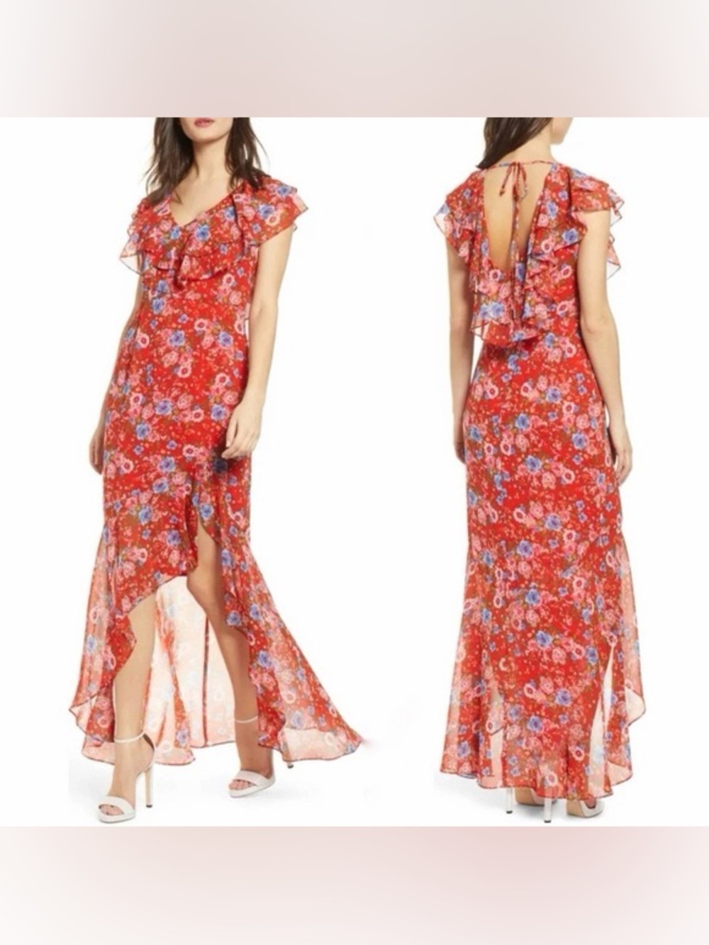 Wayf Red Floral High-Low Ruffle Maxi Dress
